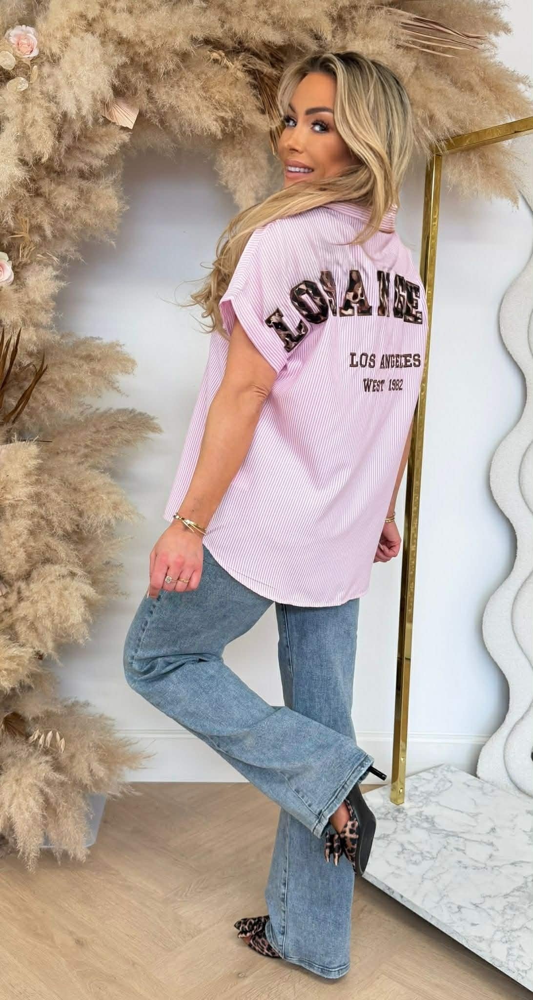 LS LEOPARD TEKST STRIPE BLOUSE R7481 PINK