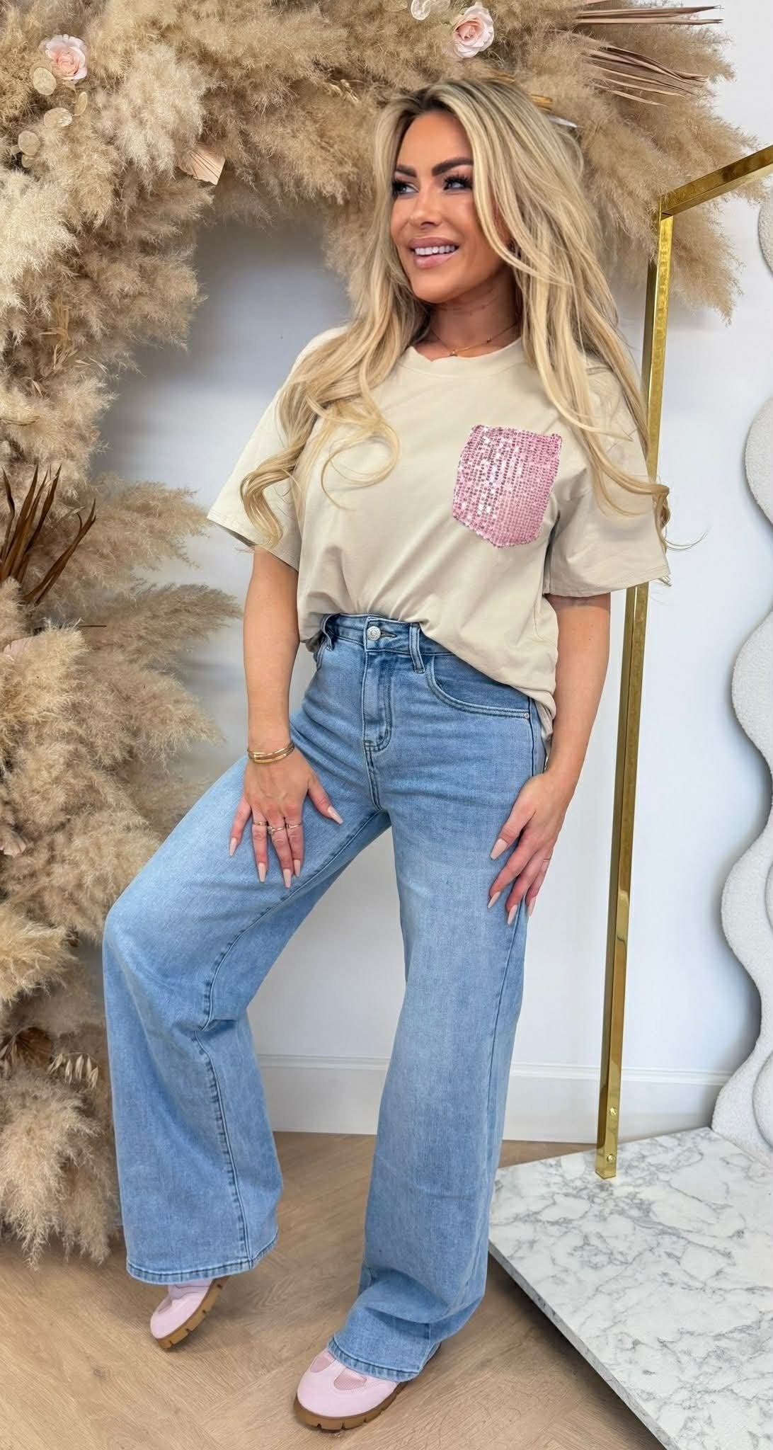 LUCY PINK PAILLET TEE BEIGE