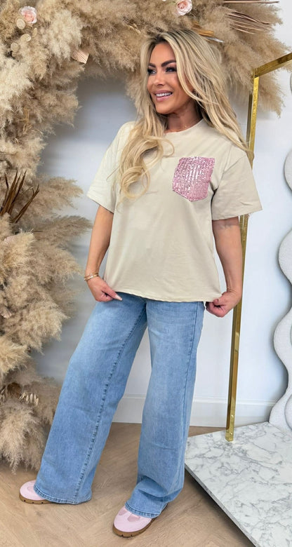 LUCY PINK PAILLET TEE BEIGE