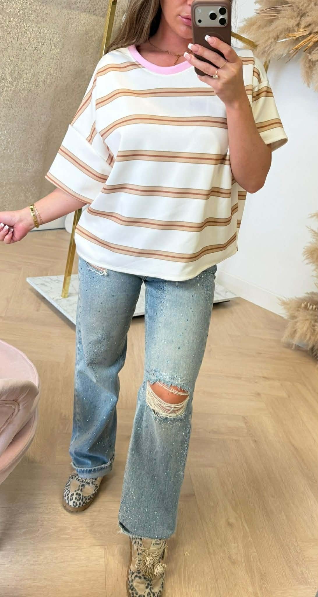 MILLIE DOUBLE STRIPES OVERSIZED FIT SHIRT BEIGE