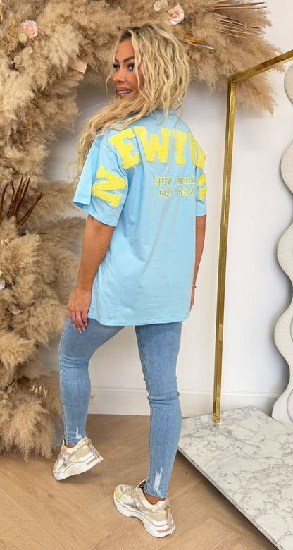 NEW YORK TEDDY TEKST T-SHIRT 7191 BLUE/YELLOW