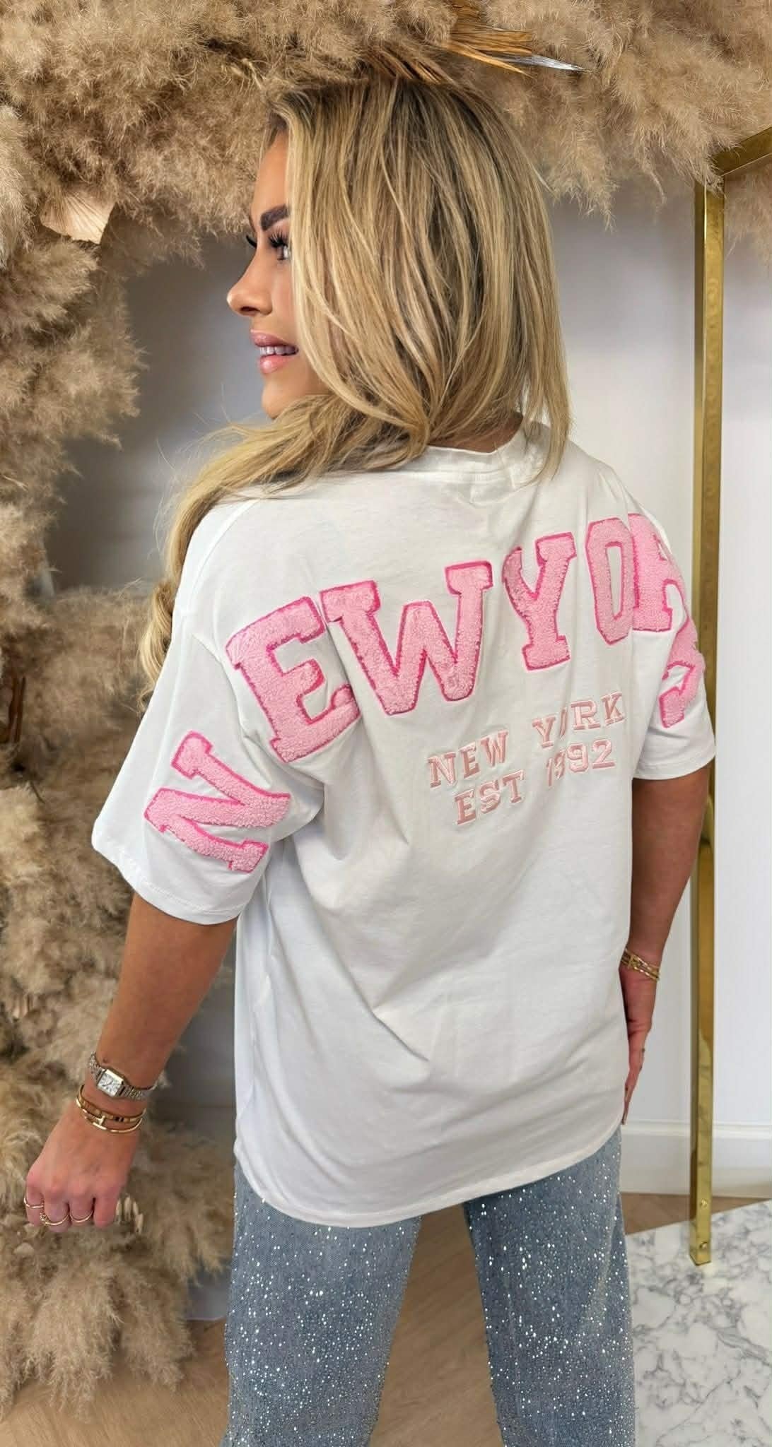 NEW YORK TEDDY TEXT TEE 7475 OFFWHITE/PINK
