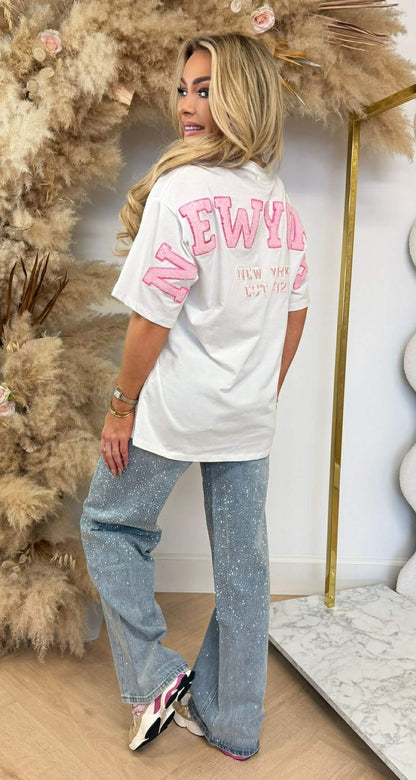 NEW YORK TEDDY TEXT TEE 7475 OFFWHITE/PINK