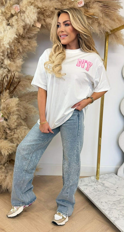 NEW YORK TEDDY TEXT TEE 7475 OFFWHITE/PINK