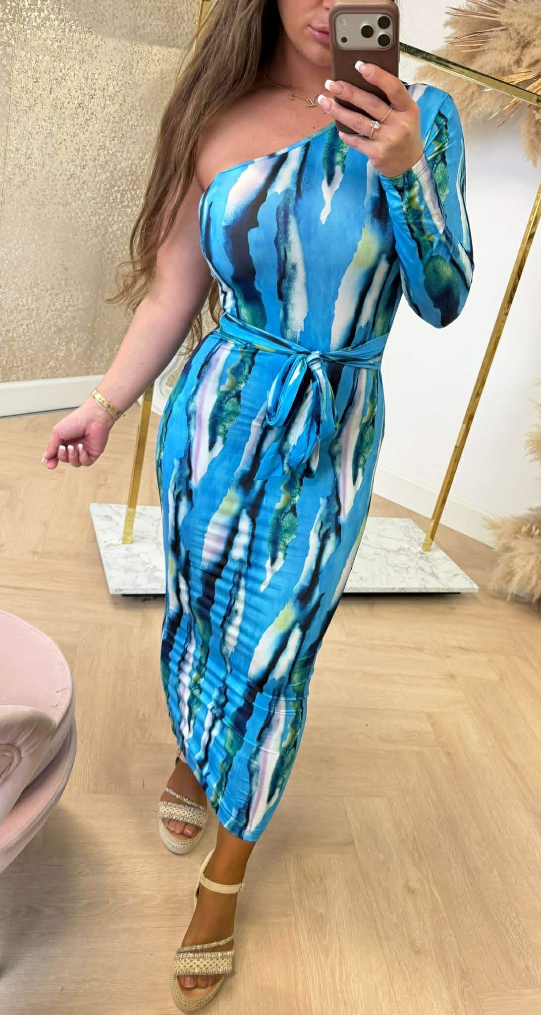 ONE SLEEVE SWIRL DRESS BLAU