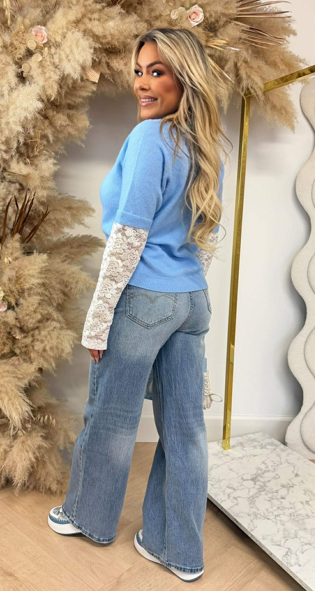 POPPY FLOWER LACE SLEEVE SWEAT BLUE