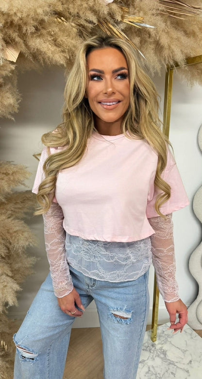 PROMISE LACE CROPPED TEE ROSE PÂLE