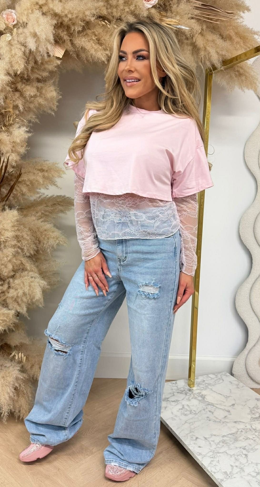 PROMISE LACE CROPPED TEE ROSE PÂLE
