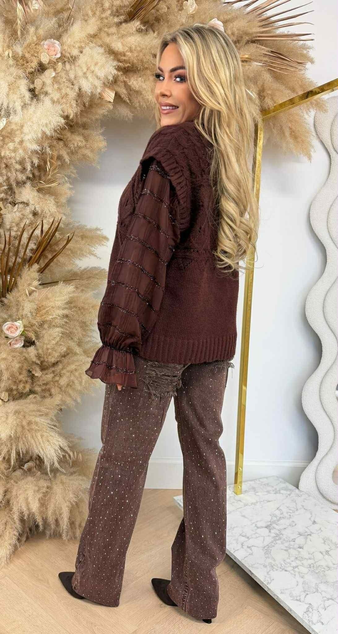 RUFFLY MESH SHINE SWEAT 1488 COFFEE