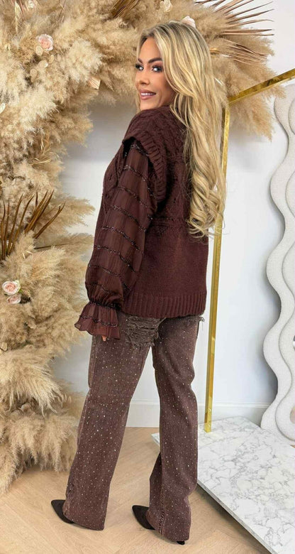 RUFFLY MESH SHINE SWEAT 1488 COFFEE