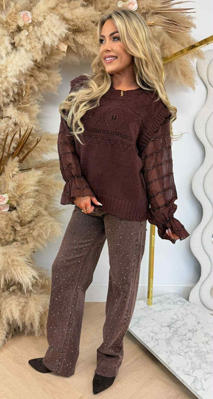 RUFFLY MESH SHINE SWEAT 1488 COFFEE