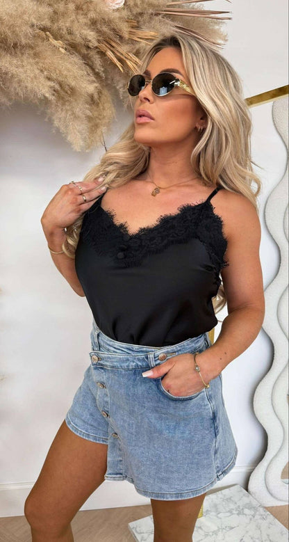 SATIN-SPAGHETTI-SPITZENTOP SCHWARZ
