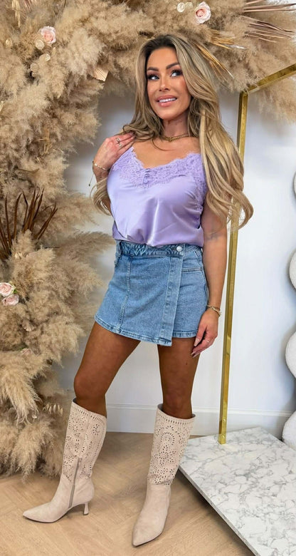SATIN SPAGHETTI LACE TOP LILA