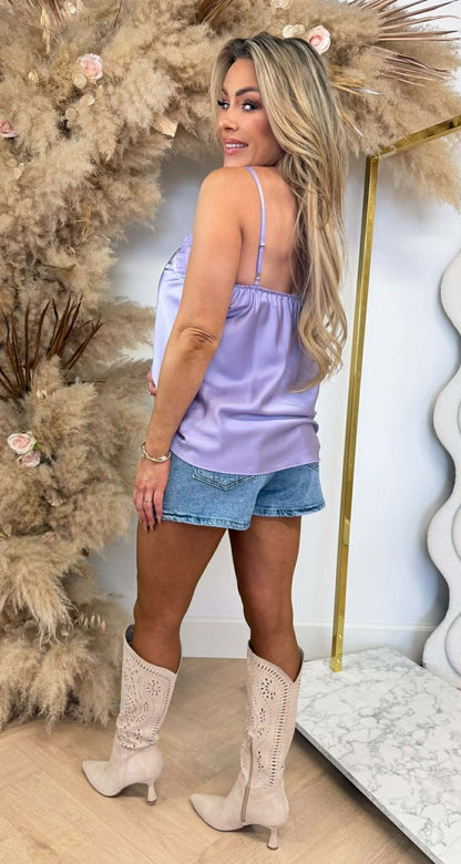 SATIN SPAGHETTI LACE TOP LILA