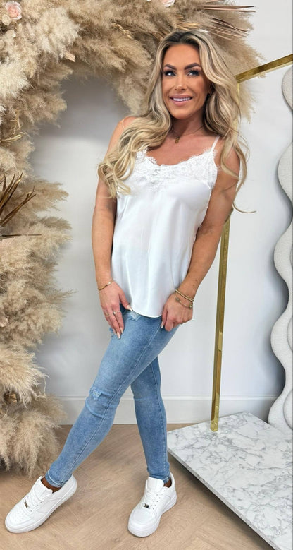 SATIN SPAGHETTI LACE TOP OFFWHITE