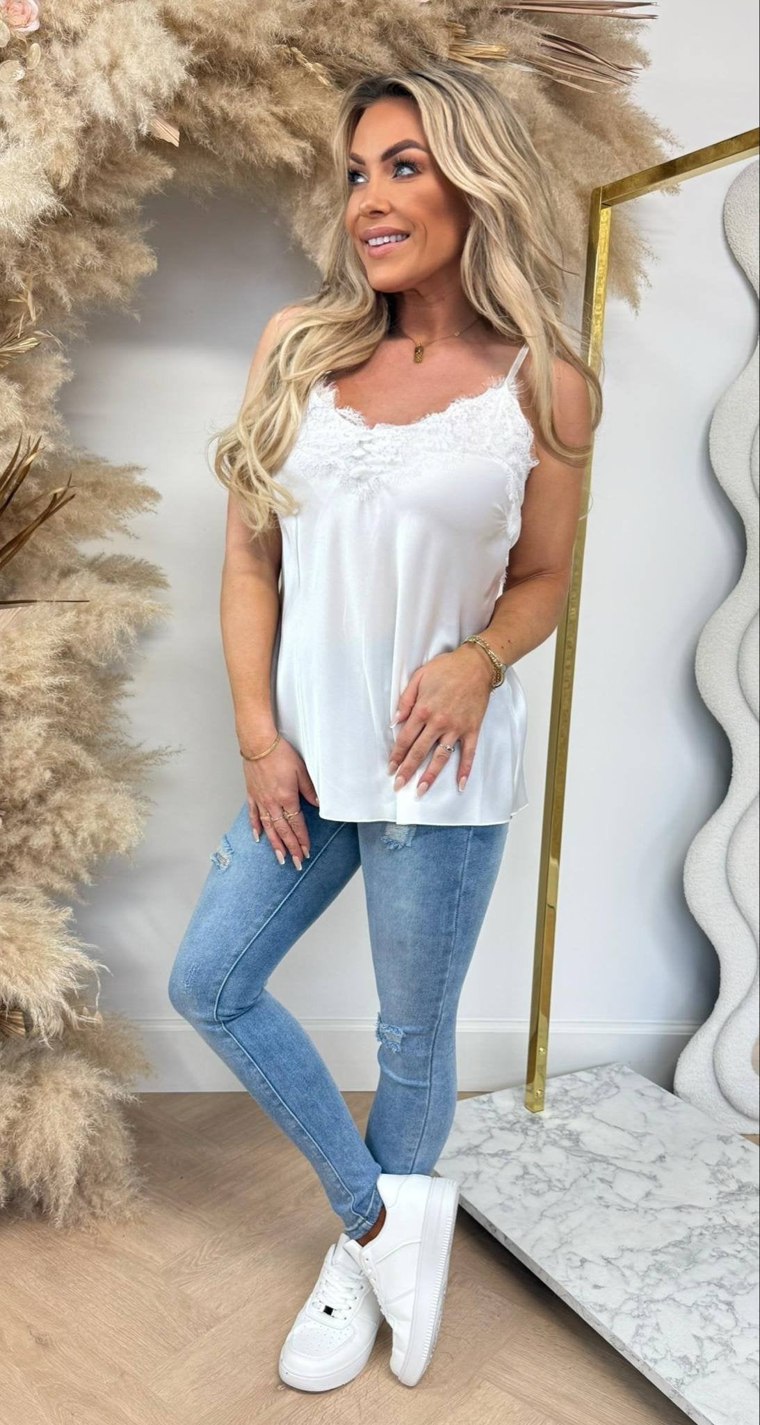SATIN SPAGHETTI LACE TOP OFFWHITE