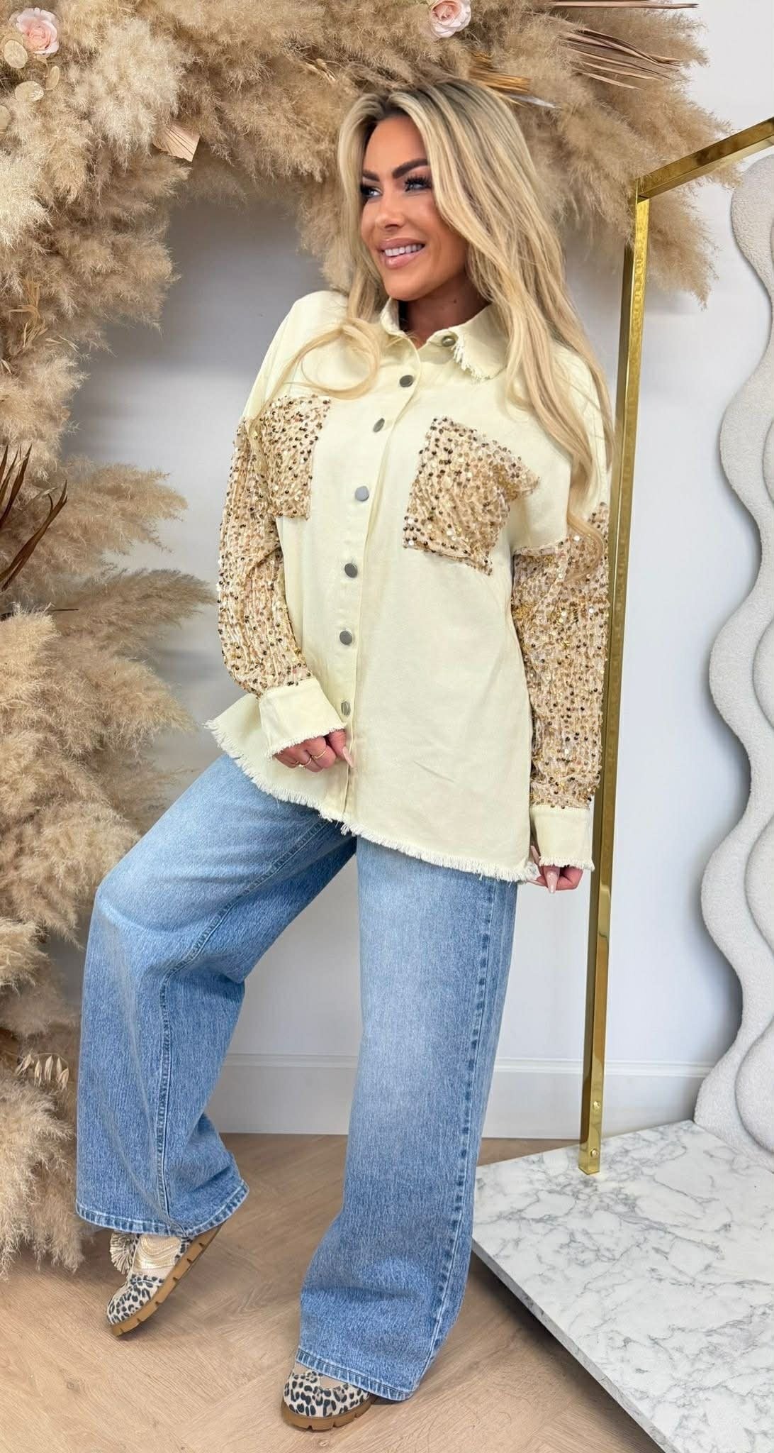 SEQUIN SLEEVE DENIM BLOUSE 1006 YELLOW