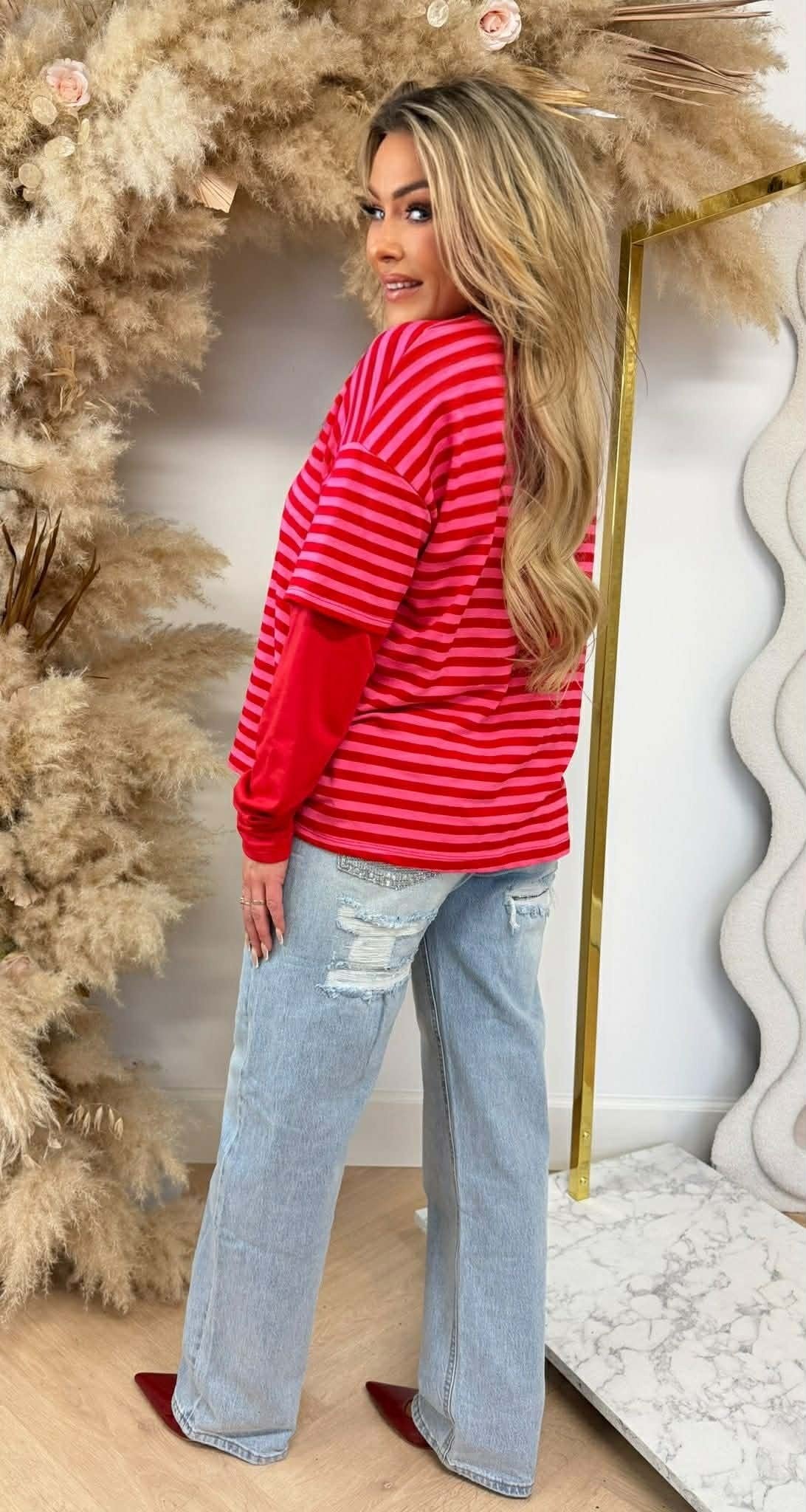 TEE-SHIRT RAYÉ SKATER ROUGE