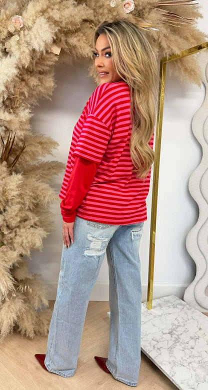 TEE-SHIRT RAYÉ SKATER ROUGE