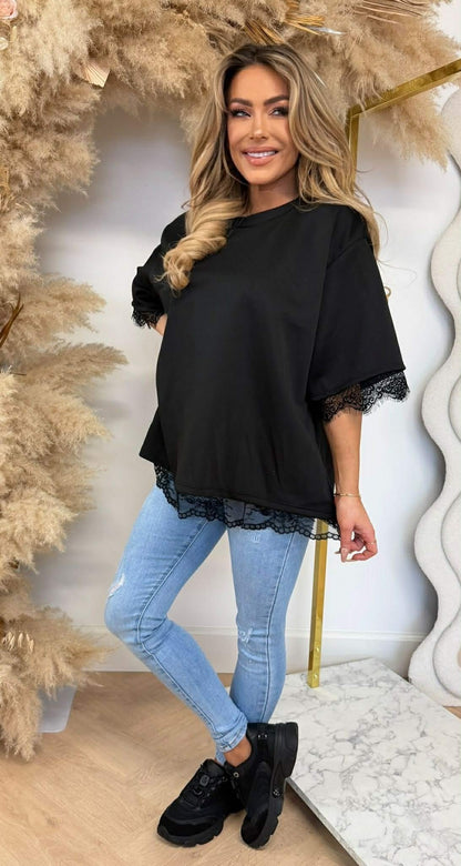 TEE DOS EN DENTELLE FENDUE NOIR