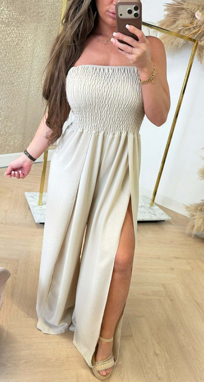 GEFALTETER TRÄGERLOSER JUMPSUIT BEIGE