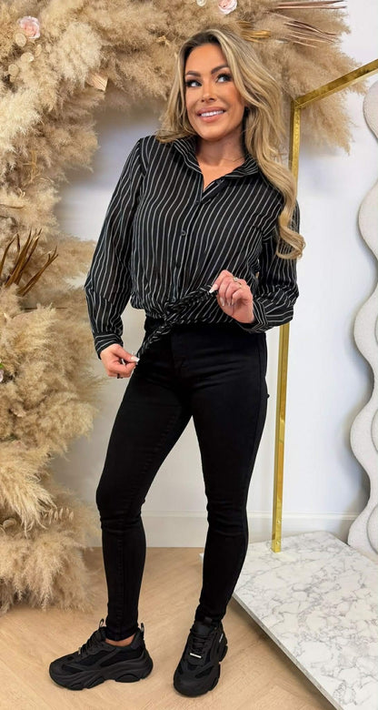 STREIFENKNOPF BLUSE SCHWARZ