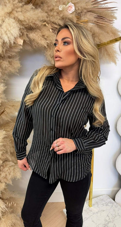 STREIFENKNOPF BLUSE SCHWARZ