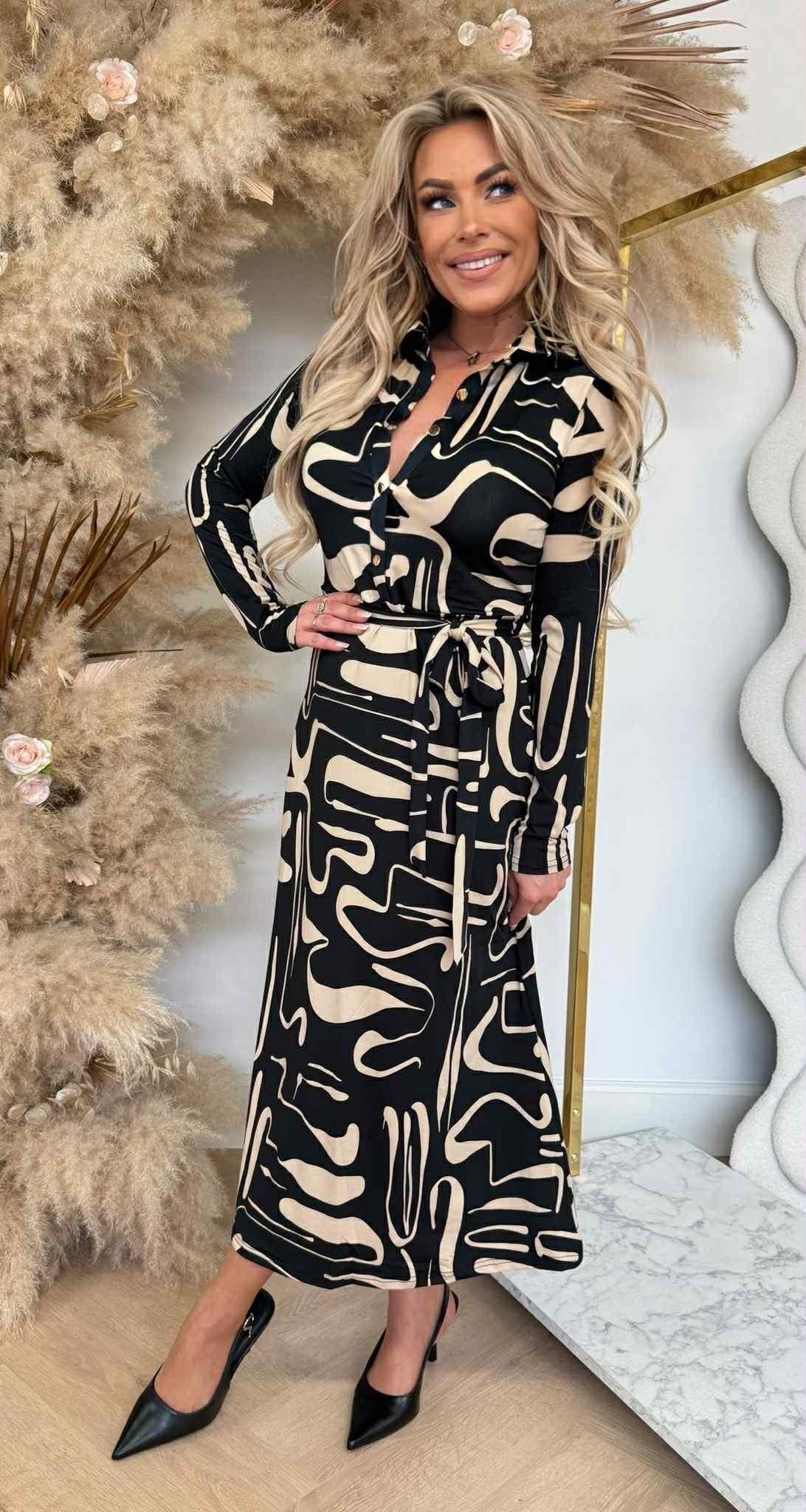 SUMI BY SWAN TRAVEL PRINT KLEID 8936 SCHWARZ/BEIGE