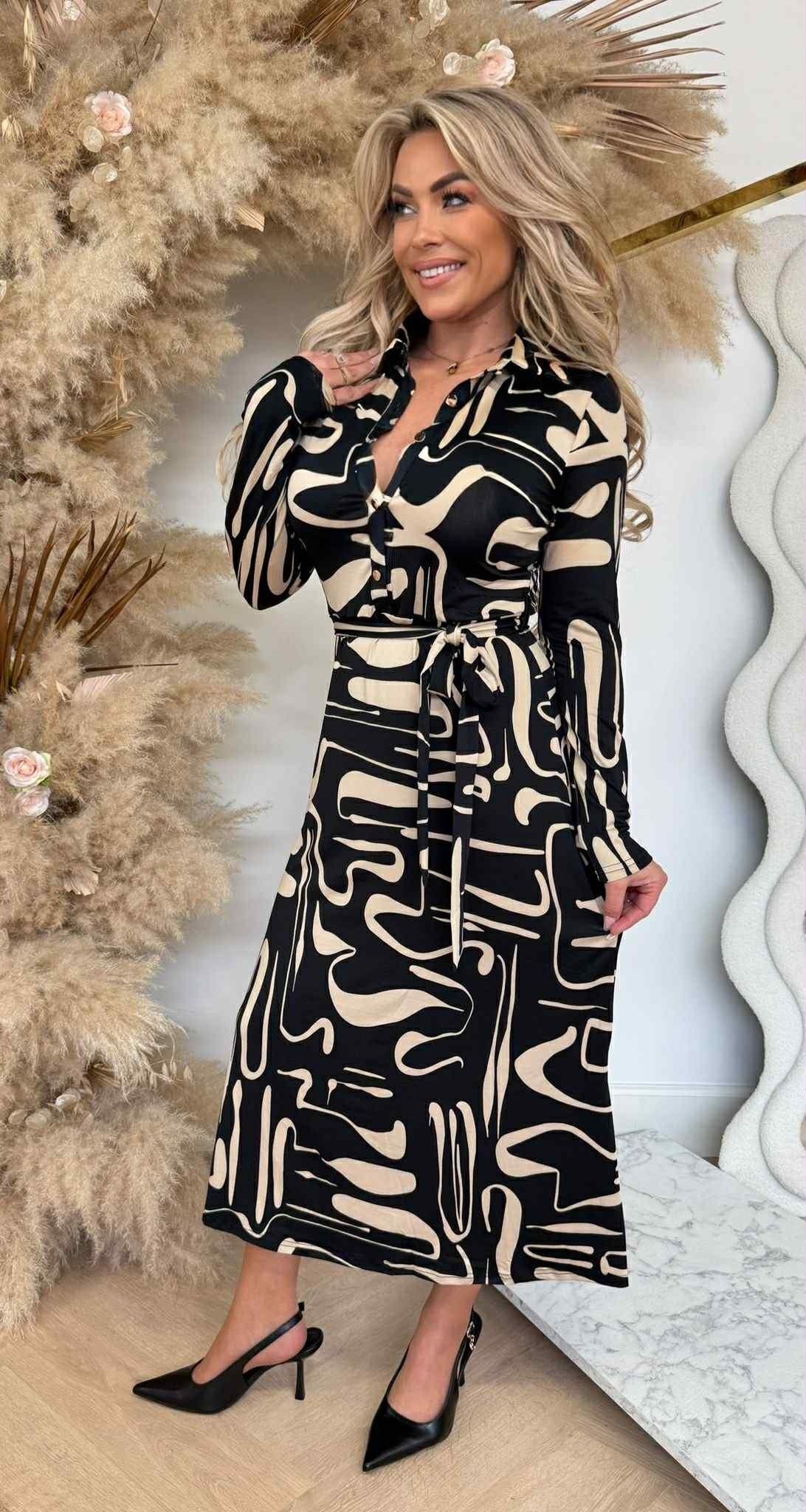SUMI BY SWAN TRAVEL PRINT KLEID 8936 SCHWARZ/BEIGE