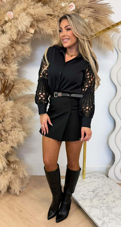 VENESSA LACE MOUW BLOUSE 6308 BLACK