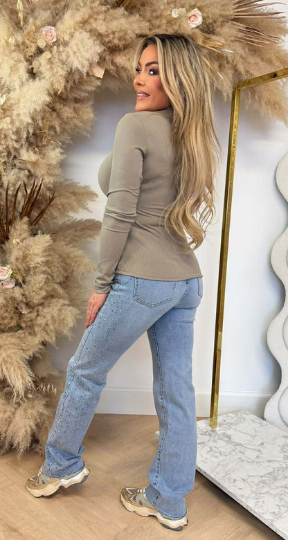 ZIP UP RIB TOP TAUPE
